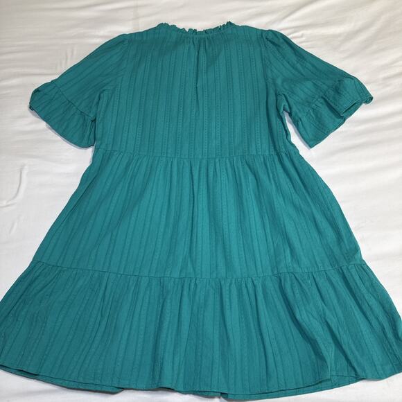 Ann Taylor LOFT Geometric Tiered Ruffle Short Sleeve Teal Embroidered XL Dress - Picture 11 of 12